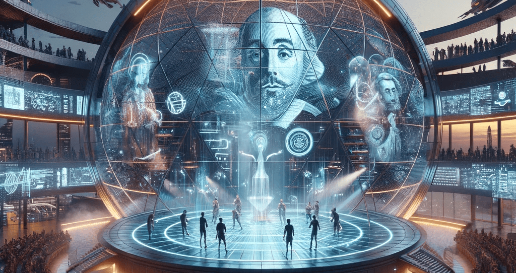 a round theatre in a futuristic style with actors and a virtual image of Shakespeare 