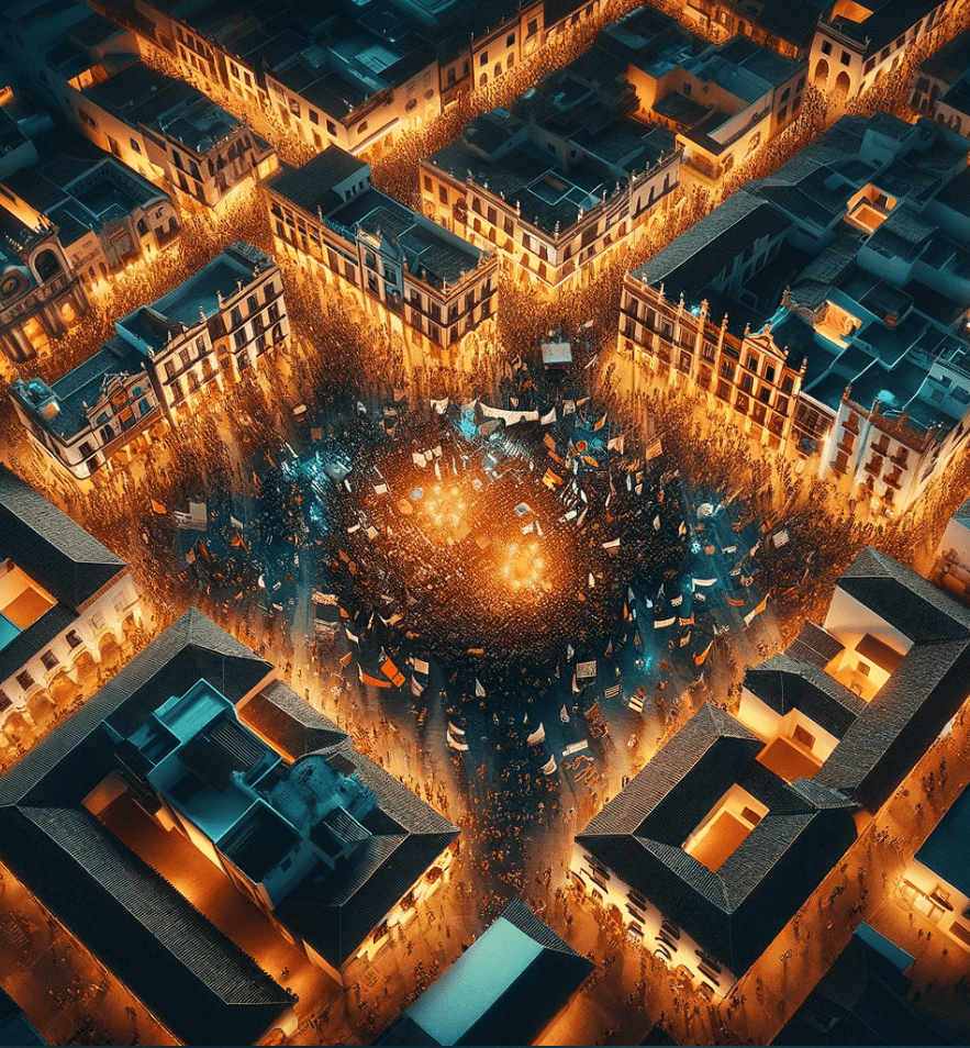 Lighted streets from above with people demonstrating